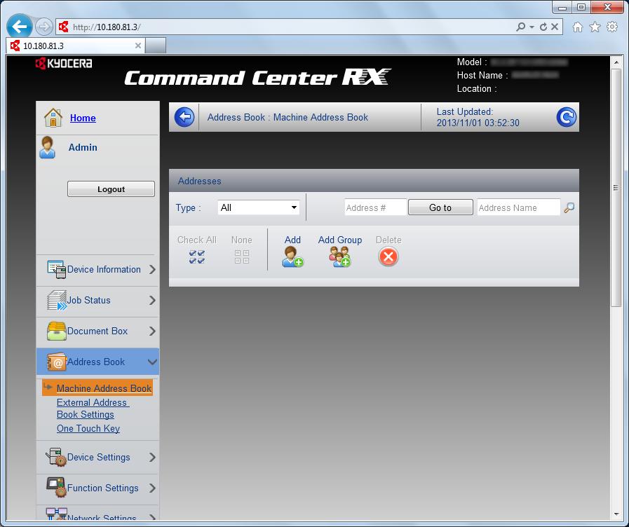 Instalacja i konfiguracja urządzenia > Command Center RX Rejestracja miejsc docelowych Miejsca docelowe można rejestrować w książce adresowej urządzenia z poziomu Command Center RX. Wyświetl ekran.