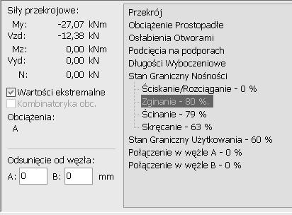 Str. 15 Poz.2. Nadproża Rozpiętość Lo = 3,34m Obciążenie nadproża Przyjęto reakcje pionową od wiązara Poz.1.1. w węźle 7 Reakcja pionowa od belki stropowej opartej na oczepie.