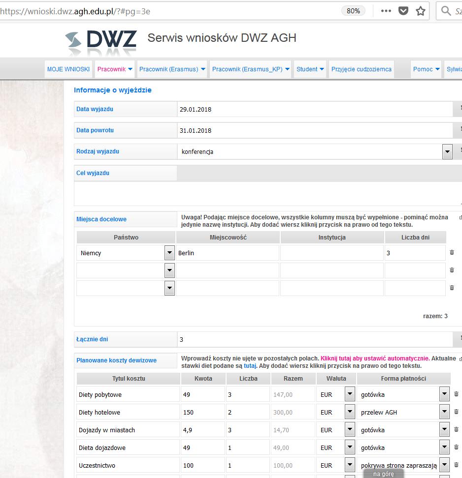 Internetowy system wniosków aktualne stawki diet http://www.dwz.agh.edu.