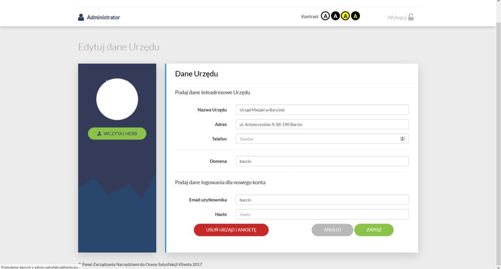 W Panelu możliwe jest dokonanie zmian w danych Urzędu (dane teleadresowe, herb Gminy itp.) oraz modyfikacji dotychczasowej ankiety. UWAGA!