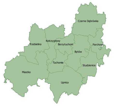 Rycina 2: Gminy zlokalizowane w granicach powiatu bytowskiego Źródło: Opracowanie własne Tabela 1: Charakterystyka gmin powiatu bytow skiego Lp.