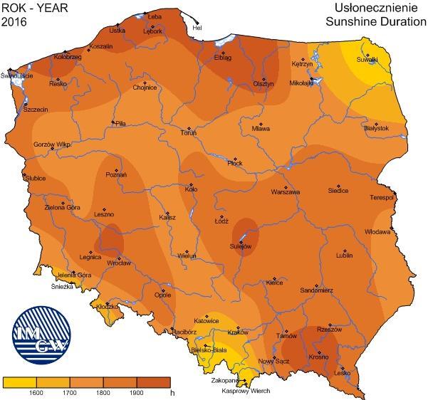 Rycina 8: Średnie roczne usłonecznienie na terenie Polski w 2016 roku Źródło: IMGW Jakość powietrza Jakość powietrza uzależniona jest od zawartości w nim różnych substancji, których stężenie jest