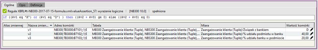 Reguła sprawdza, czy: dla wielkości raportowanej w komórce B3102 " Identyfikator klienta", występuje dopuszczalna wartość w komórce B3108 "Wysokie zaangażowanie z tytułu instrumentów pochodnych",