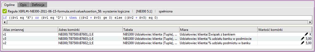 Reguła: valueassertion_57 dla wielkości raportowanej w komórce B7101 "Związek z bankiem", występują dopuszczalne wartości w komórkach B7102 "% udziału podmiotu w banku " i B7103 "% udziału banku w