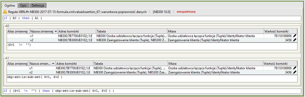 trójkąt w lewym dolnym rogu wszystkich komórek B3102 w tabelach: Pokrewieństwo, powinowactwo z osobą z banku i Zaangażowanie klienta będzie miał kolor czerwony, w zakładce Opis - obok informacji o