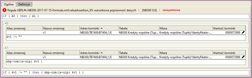 poprawność cyfry kontrolnej Reguła ta występuje we wszystkich komórkach:b7404 formularzy: MB300, NB300 i NBS300. 3.73 Reguła: valueassertion_86 Rysunek 79.