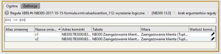 3.98 Reguła: valueassertion_112 $v1 >= $v2 Rysunek 1047 Reguła: valueassertion_112 $v1 = B3619 Ekspozycje pozabilansowe (wartość bilansowa brutto ), Wątpliwe $v2 = B3620 Rezerwy celowe Czyli: B3619