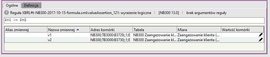 3.107 Reguła: valueassertion_121 $v1 >= $v2 $v1 = B3729 Przeterminowane > 90 dni $v2 = B3730 Wartość odpisów Czyli: B3729 >= B3730 Rysunek 1136 Reguła: valueassertion_121 Reguła ta występuje we