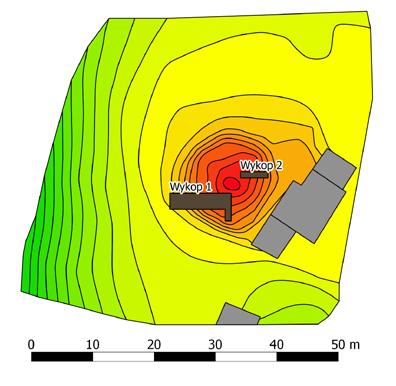 (oprac. J. Nitychoruk i F. Welc) Ryc. 8.. Plan warstwicowy grodziska (wyk. J. Błaszczyk) z naniesionymi miejscami wierceń geologicznych i linią przekroju (oprac.