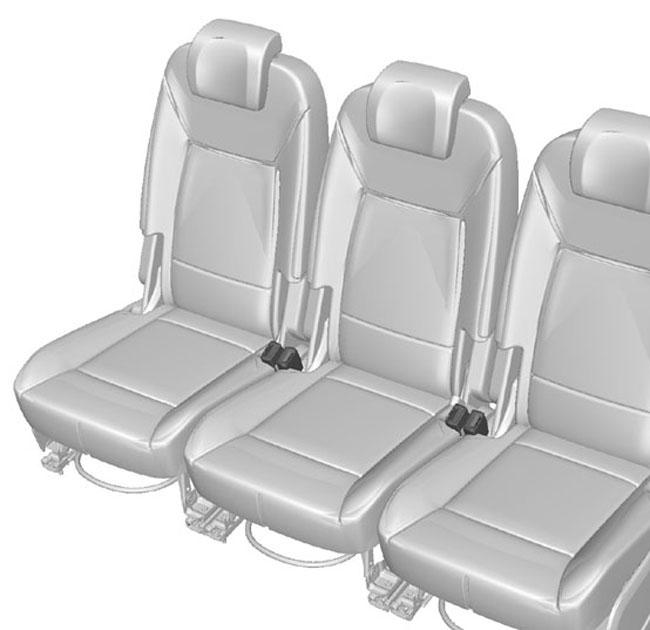 Ochrona pasażerów Kiedy są używane, pasy bezpieczeństwa tylnych siedzeń powinny być umieszczone w prowadnicach pasów na oparciach siedzeń skrajnych.