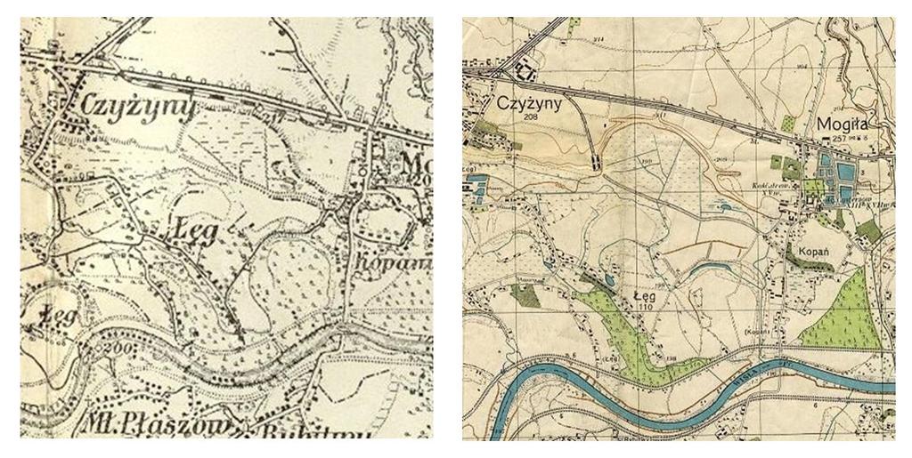 Rys.4 Obszar opracowania na mapach z początku XX wieku i z 1944 roku. Początki osadnictwa w rejonie obszaru opracowania sięgają okresu neolitu.