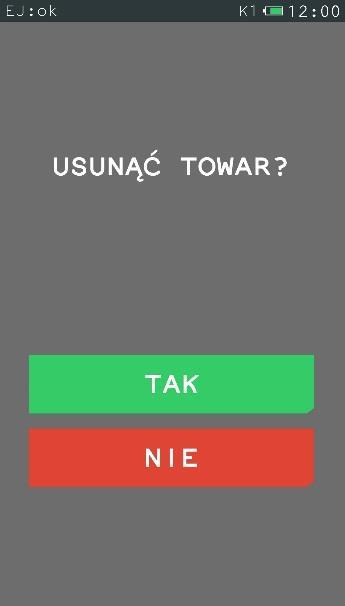 Usunięcie towaru z bazy towarowej następuje po potwierdzeniu klawiszem TAK, istnieje również możliwość rezygnacji z usunięcia towaru za pomocą klawisza NIE.