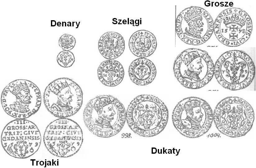 8 Szczególnie żywa jest działalność emisyjna w zakresie monet złotych. W okresie 1578-1587 bito dukaty na stopę węgierską z 23,5 karatowego złota po 56 sztuk z grzywny polskiej o wadze sztuki 3,5 g.