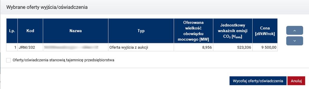 Po wybraniu pola dotyczącego oferty/oświadczenia, którą użytkownik chce wycofać, aktywuje się przycisk Wycofaj wybrane oferty/oświadczenia.