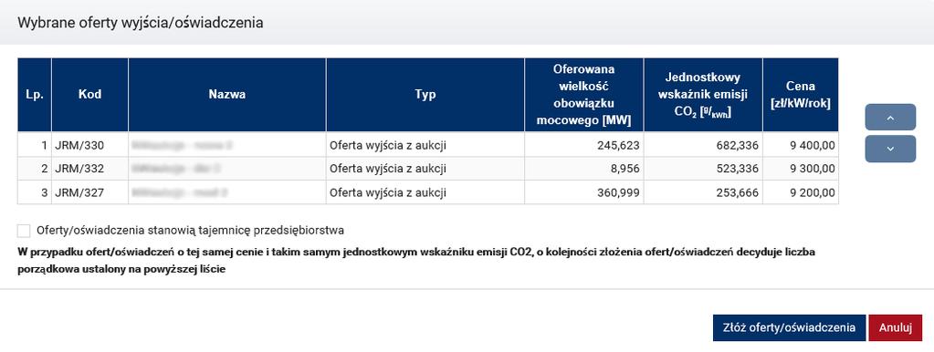 odniesieniu do jednostek rynku mocy jednego dostawcy mocy, kliknięcie przycisku Złóż