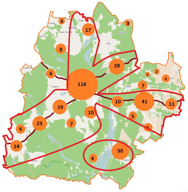 Strona42 Rycina 43 Lokalizacja i liczba firm na terenie Gminy Czarna Dąbrówka pod koniec 2013 r. Źródło: opracowanie własne na podstawie danych GUS, Vademecum Samorządowca.