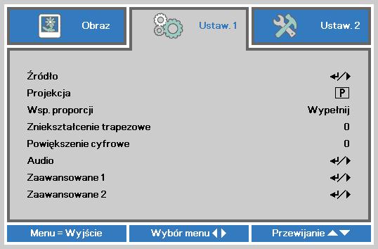 Menu Ustaw. 1 Naciśnij przycisk MENU, aby otworzyć menu OSD. Naciśnij przycisk kursora w celu przejścia do menu Ustaw. 1. Naciśnij przycisk kursora w celu przejścia w górę lub w dół w menu Ustaw 1.