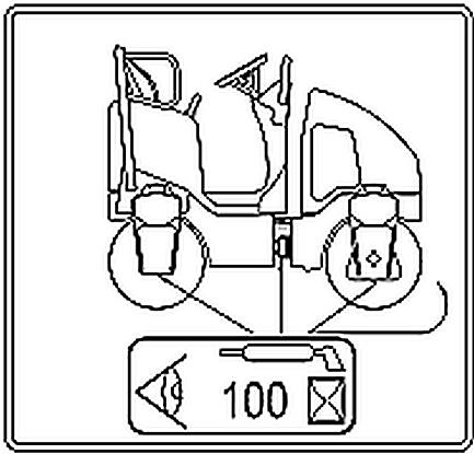 Zadanie 16. Przedstawiona na rysunku etykieta w instrukcji obsługi walca drogowego informuje, że punkty smarowania należy poddać sprawdzeniu i smarowaniu po przejechaniu kolejnych 100 km.