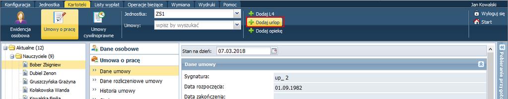 Płace VULCAN. Jak rozliczać urlopy wypoczynkowe nauczycieli? 2/8 Rejestrowanie urlopów w umowach nauczycieli 1. Zaloguj się do aplikacji Płace VULCAN jako specjalista ds. płac. 2. Przejdź do widoku Kartoteki/ Umowy o pracę i w drzewie danych wybierz nauczyciela.