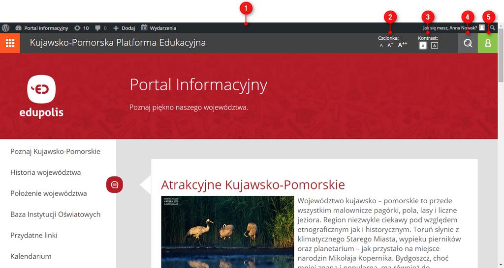 przeszukiwanie treści informacyjnych platformy Edupolis (4) oraz przycisk Zaloguj (5) umożliwiający zalogowanie się do platformy Edupolis (w przypadku użytkowników niezalogowanych).