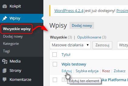 Aby zmienić ustawienia dostępności wpisu, należy: wybrać odpowiednie ograniczenia praw dostępu (w sekcji Ograniczenie praw dostępu), lub kliknąć link Edytuj znajdujący się przy opcji Dostępność,