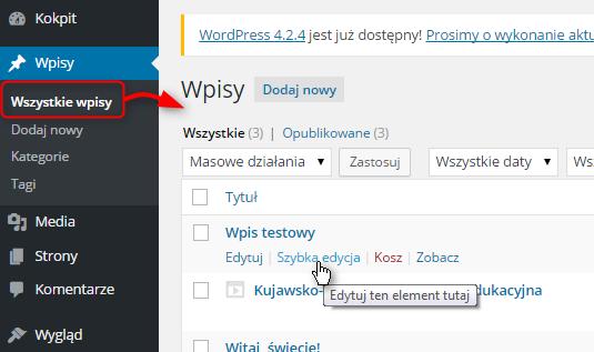 umieścić kursor myszy w polu wybranego wpisu lub strony, dla którego chcesz włączyć/wyłączyć możliwość komentowania, kliknąć link Szybka edycj a, w wyświetlonym oknie Szybka edycj a