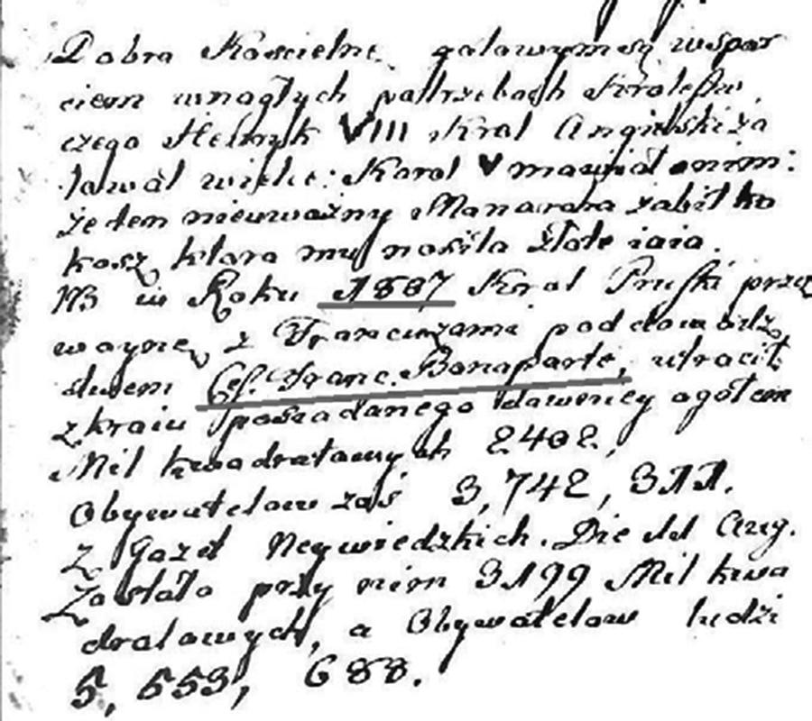 ROK VIII (2014) CONVERSATORIA LINGUISTICA Fragment 4: Strona 364 kazań, na której znajduje się notatka dotycząca wojny Francji z Rosją i Prusami, podpisania traktatów pokojowych w Tylży w 1807 r.