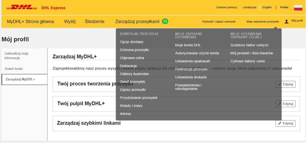 Rysunek 177 Okno Moje ustawienia przesyłek 5.3.1. Zarządzaj ustawieniami domyślnymi opcje dostawy, ochrona przesyłki. 1. Opcje dostawy możliwość wyboru między dokumentami a paczką, możliwość wyboru domyślnego produktu z puli dostępnych przez DHL EXPRESS, możliwość ustawienia domyślnego kraju odbiorcy 2.