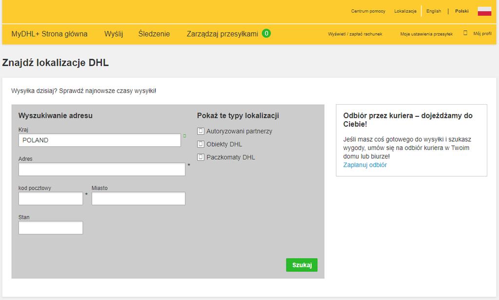 5. Znajdź lokalizację DHL W łatwy i przyjazdy sposób mamy możliwość znalezienia autoryzowanego partnera, obiektu DHL czy