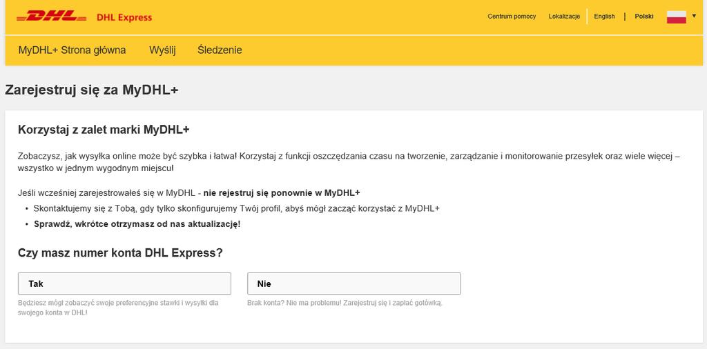2.2. Czy mamy numer konta w DHL Express Pojawia nam się okno gdzie musimy wybrać czy posiadamy konto exportowe lub/i importowe ewentualnie możemy