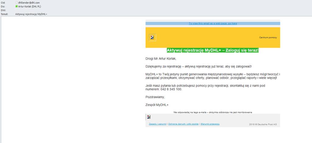 Mail jest wysyłany z adresu dhlsender@dhl.com i może trafić do skrzynki SPAM.