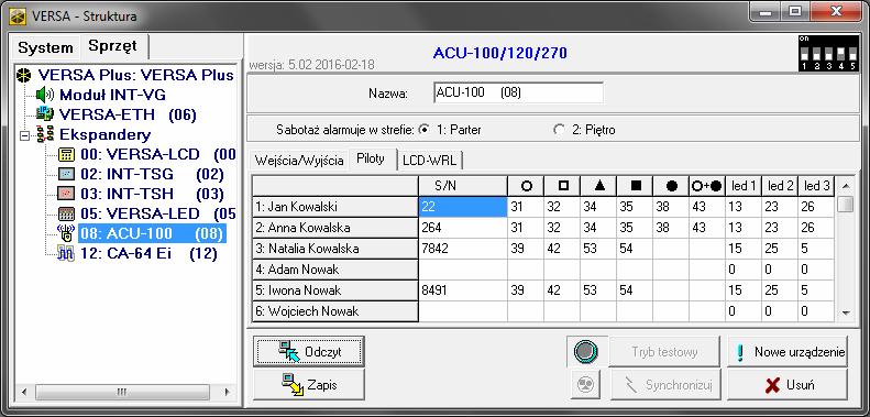 26 ACU-120 SATEL Rys. 6. Program DLOADX: zarządzanie pilotami w przypadku kontrolera podłączonego do centrali VERSA / VERSA Plus / VERSA IP. 10.