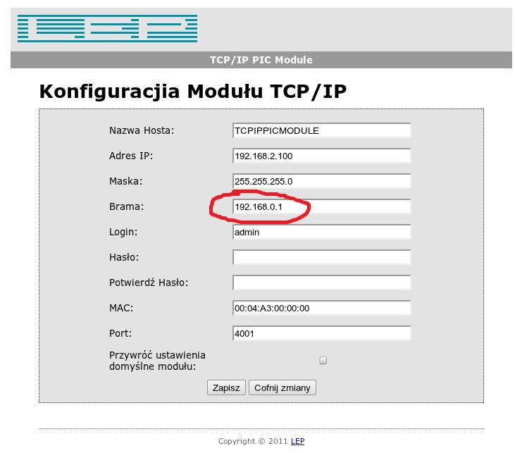 Rysunek 9: Konfiguracja bramy w konwerterze RCP48LS Aby sprawdzić z poziomu komputera w lokalizacji 1 czy istnieje możliwość połączenia z czytnikami najlepiej wykonać diagnostyczne połączenie przy