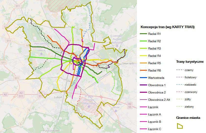 Rysunek 1 Mapa tras rowerowych w Poznaniu. Wieloletni Program rozwoju ruchu rowerowego 2017-2022 źródło: Program Rowerowy Miasta Poznania.