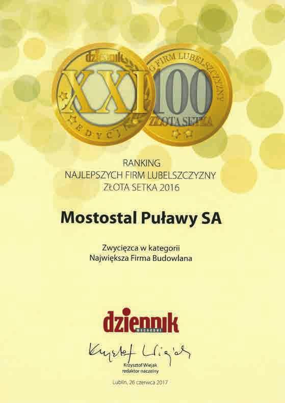 ZAUFANIE I STABILNE FINANSE ZAUFANIE I STABILNE FINANSE Wciągu ostatnich kilkunastu lat działalności Spółka Mostostal Puławy S.A. przeżywa prężny rozwój, o czym świadczy rosnąca ilość zrealizowanych kontraktów.