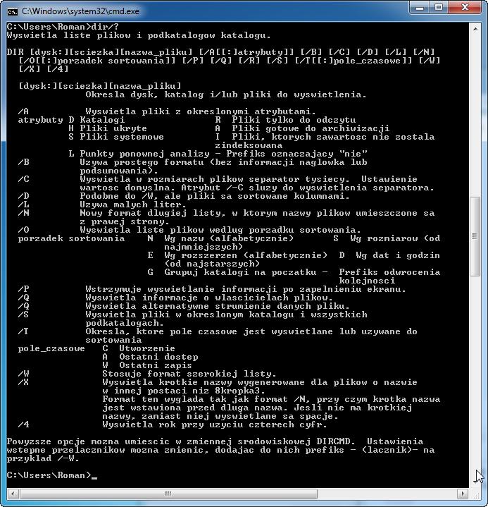 Który przełącznik wyświetla szeroki format listy? Wpisz dir i naciśnij Enter.