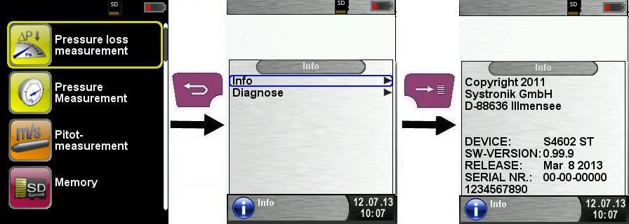 Wywołanie danych diagnostycznych Aby wyświetlić diagnostyczne dane urządzenia, należy w menu startowym manometru spalin wcisnąć przycisk powrót / koniec.
