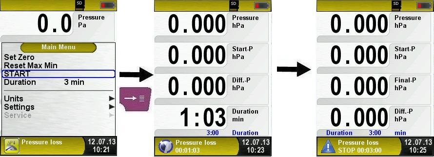 6.10 Program "Spadek ciśnienia" Uruchomienie programu Spadek ciśnienia" Po uruchomieniu programu Spadek ciśnienia najpierw następuje automatyczne zerowanie czujnika ciśnienia.