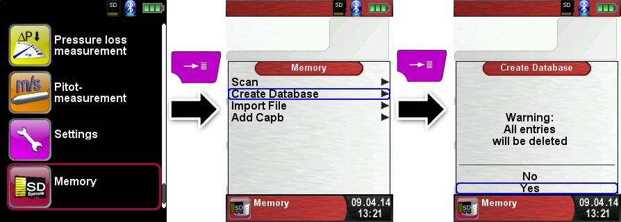 Przy pierwszym użyciu karty MicroSD, użytkownik powinien utworzyć nową bazę danych pomiarowych Aby utworzyć nową bazę danych należy w menu Pamięć wybrać opcję Utwórz bazę danych, a następnie