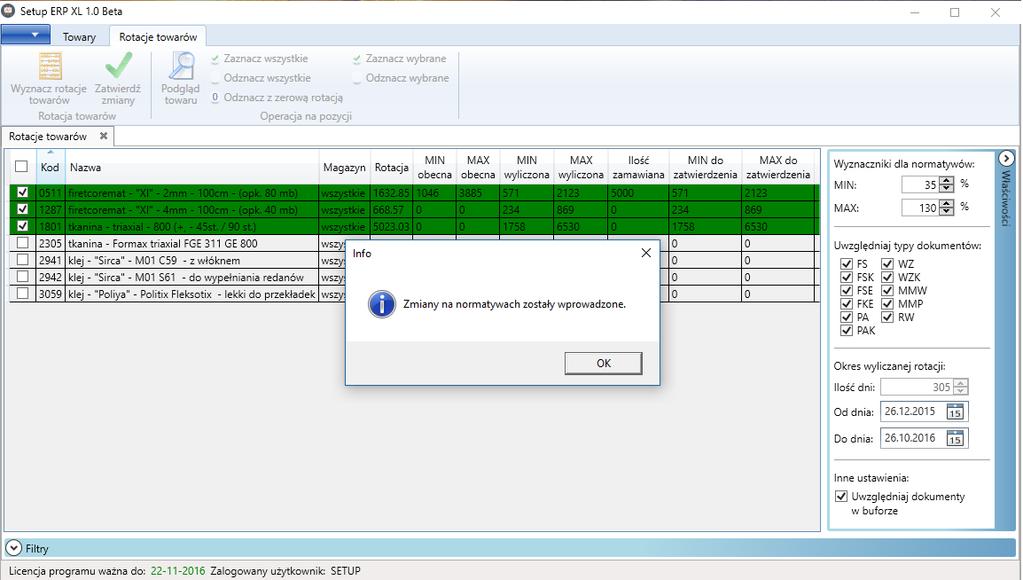 Normatywy Po wyliczeniu rotacji można przejrzeć całą listę towarów, zaznaczyć te, które chce się zaktualizować, ewentualnie zmienić ręcznie normatywy, jeśli towar powinien mieć inne wartości niż te