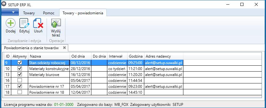 4. Informowanie o stanie towarów Funkcjonalność daje użytkownikowi możliwość wysyłania powiadomień mailowych odnośnie stanu towarów na określonych magazynach.