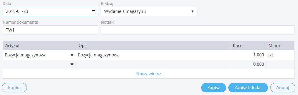 Ruchy pomiędzy magazynami Dodaj przesunięcie międzymagazynowe jako nową transakcję w menu Magazyn > Transakcje magazynowe > Nowa transakcja.