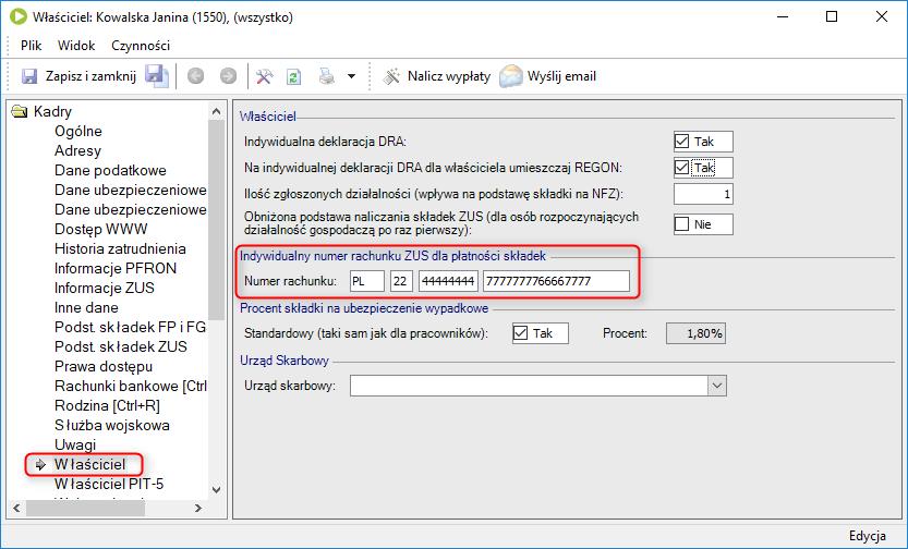 Indywidualny numer rachunku ZUS Kartoteka właściciela W przypadku właścicieli rozliczających się na indywidualnej deklaracji DRA numer rachunku składkowego należy wprowadzić na kartotece Właściciela