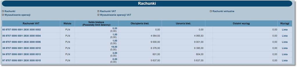 Rachunki VAT W menu Rachunki dostępna jest opcja Rachunki VAT oraz opcja Wyszukiwanie operacji VAT.