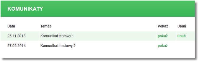 Rozdział 12 Komunikaty Rozdział 12. Komunikaty Za pomocą komunikatów użytkownik jest informowany o zmianach oprocentowania, nowych produktach, promocjach itp.