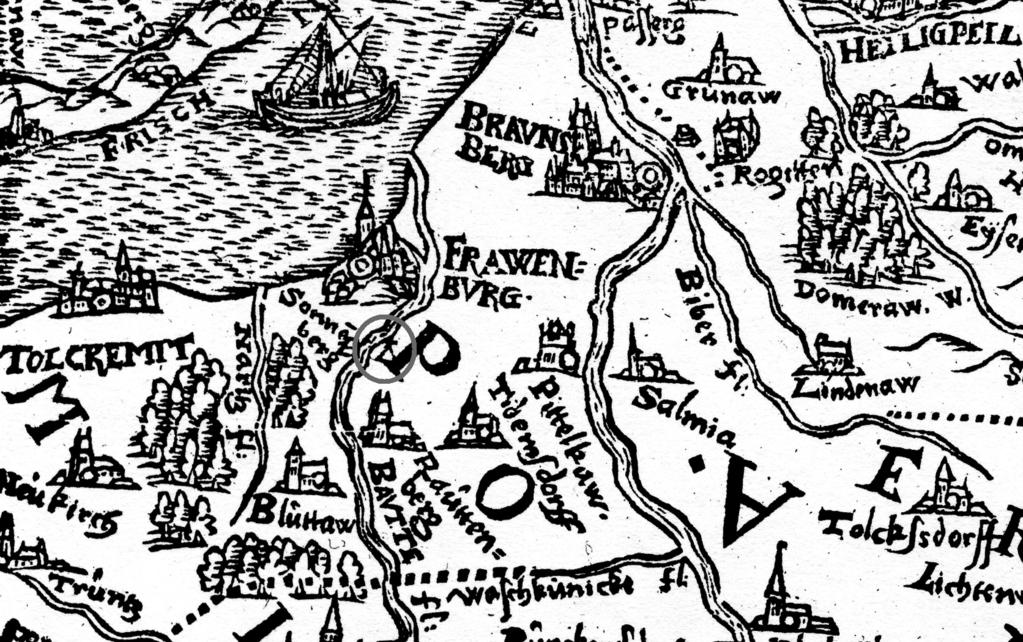 Ruiny zamków i grodzisk z obszaru Warmii biskupiej na mapie Kaspara Hennenbergera z 1576 r. położone na prawym brzegu rzeki Bauda37. Nie ma wątpliwości, że autor zaznaczył relikty warowni w Bogdanach.