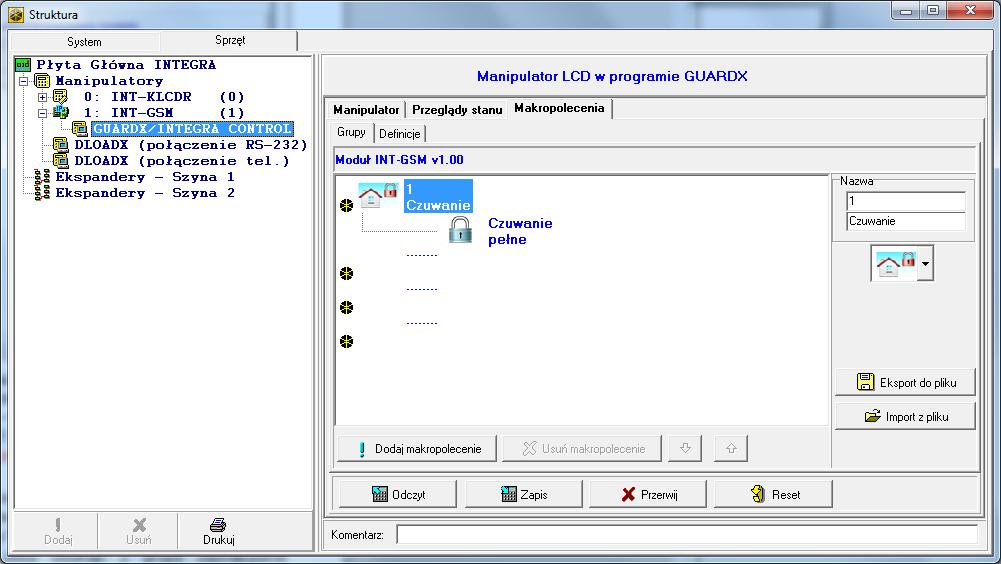 SATEL INT-GSM 25 makropoleceń. Program DLOADX prezentuje grupy makropoleceń i przypisane do nich makropolecenia w formie drzewa.