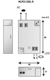 (5) R: zacisk sprężynowy : zacisk śrubowy L: przerwa w zasilaniu bez zdalnej informacji o uszkodzeniu 2: napięcie 2-277 AC 1: klasa ochrony I MLP : ogranicznik przepięć do systemów oświetlenia AC