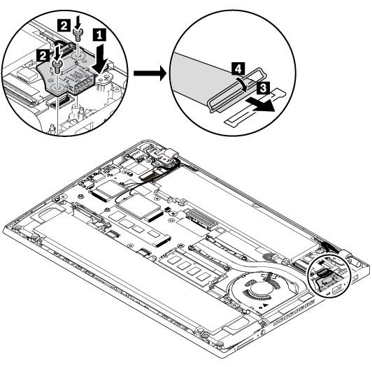 6. Aby zainstalować zespół podkarty USB: a. Włóż nowy zespół podkarty USB na jego miejsce 1. b. Przykręć wkręty, które zamocują zespół 2. c.