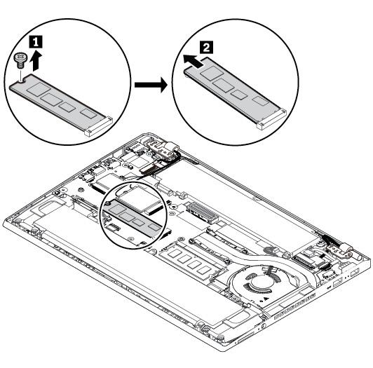 6. Aby zamontować nowy dysk SSD M.2, wykonaj następujące czynności: a. Wyrównaj krawędź kontaktową nowego dysku SSD M.2 z odpowiednim oznaczeniem w gnieździe. Następnie ostrożnie włóż dysk SSD M.